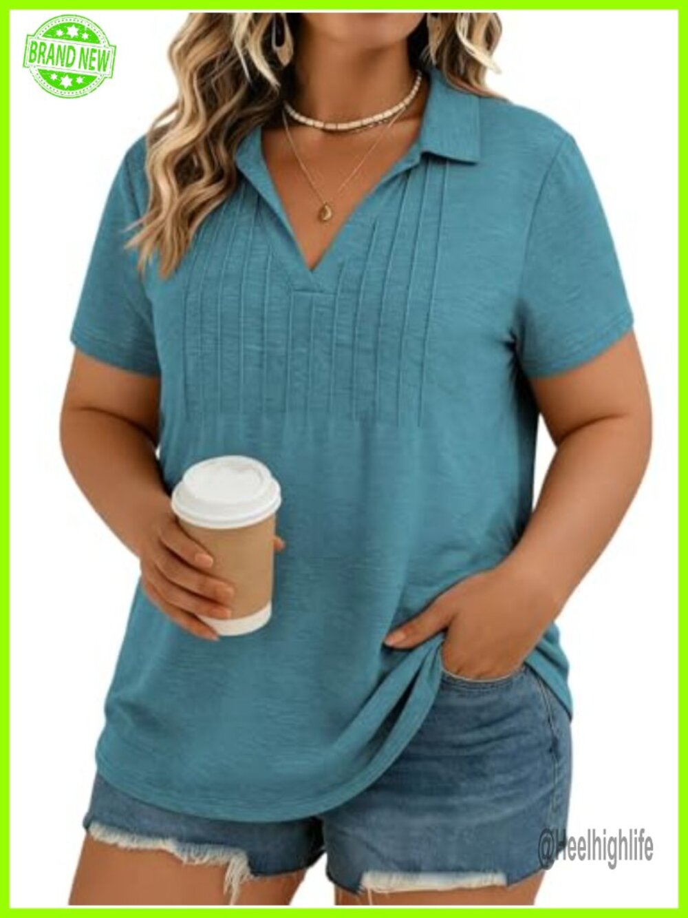 Plus Size V Neck Polo Shirts Casual Collared Tees Pleated Tunic